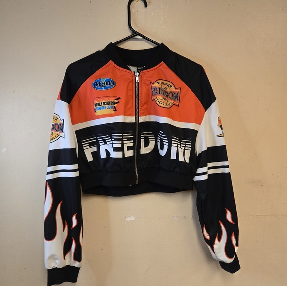 SHEIN Jackets & Blazers - Freedom Cropped Racing Jacket with Flame Accents